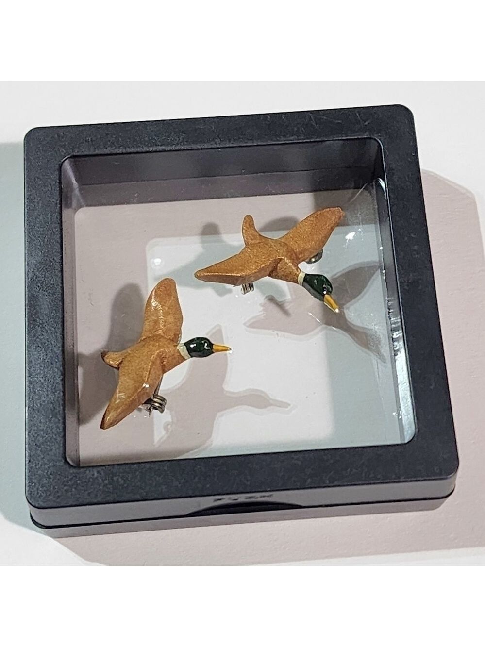 Vintage set of 2 wood carved Mallard duck brooch or tie pins
